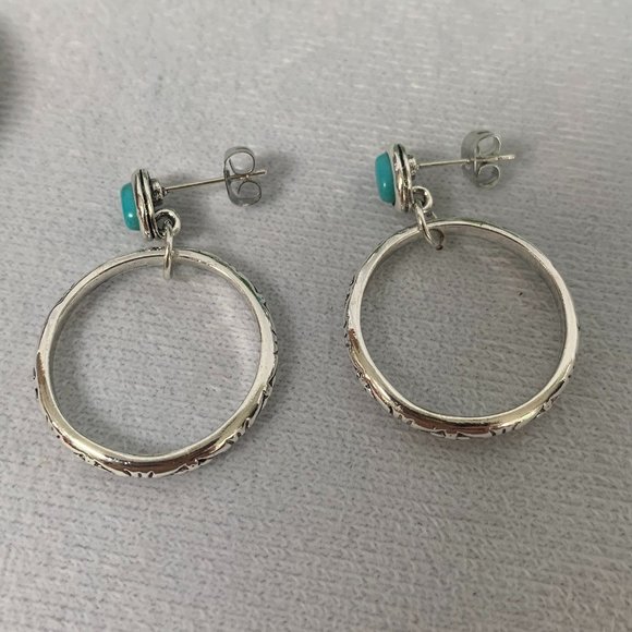 Etched Drop Hoop with Turquoise Gemstone Earrings - Picture 4 of 9